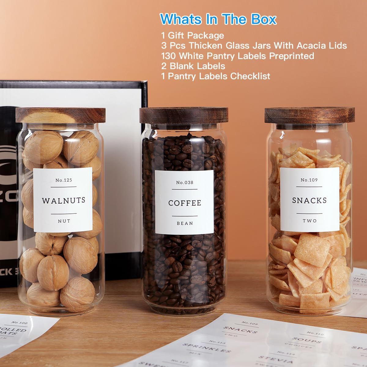 3 Set Glass Pantry Storage Jars with Acacia Airtight Lid