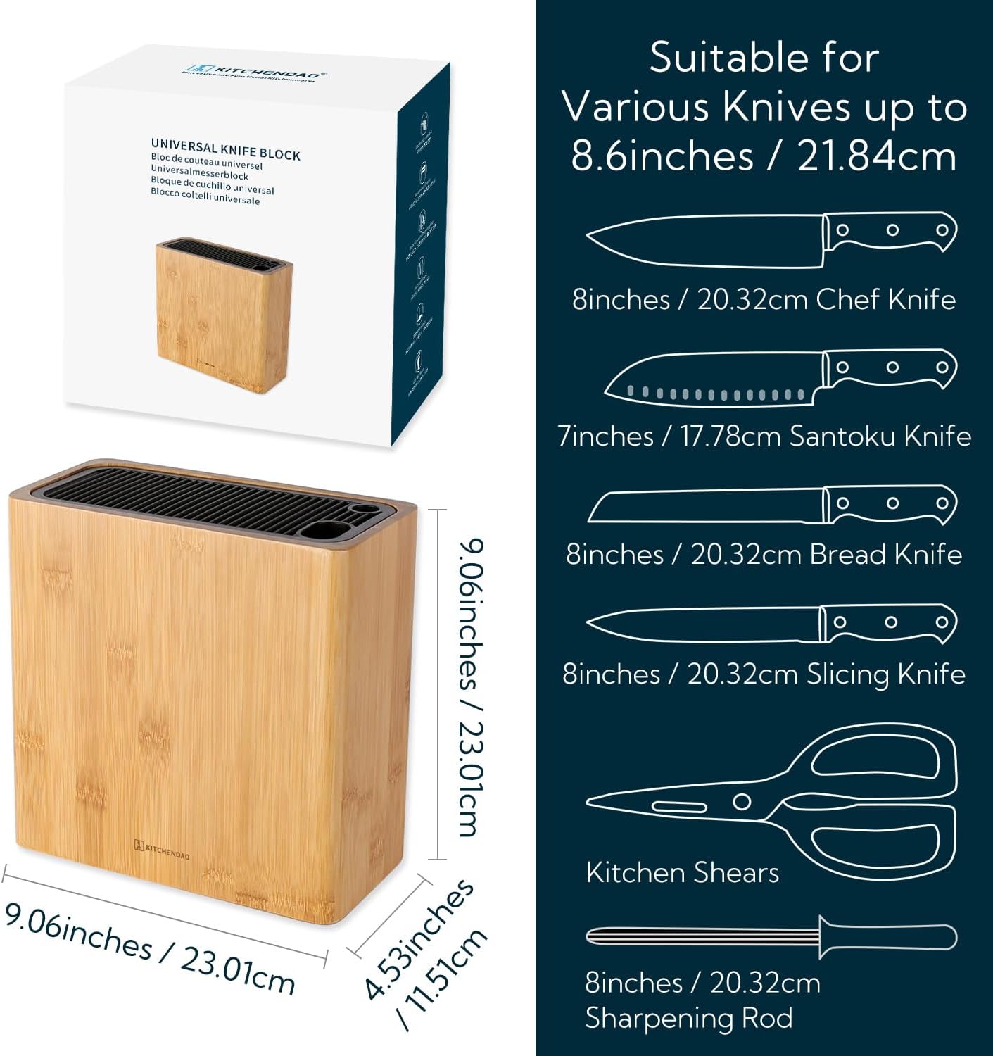 XL Bamboo Universal Knife Block Holder with Slots for Scissors and Sharpening Rod, Safe