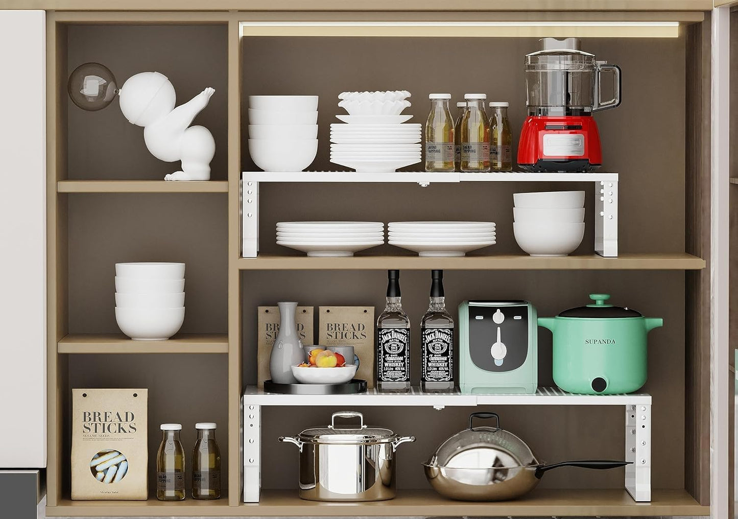 Expandable Cabinet Shelf Organizer Storage Spice Rack Shelves for Kitchen Stackable Adjustable Pantry Cupboard Bathroom Countertop Desktop(1Pack/White/Large-with Hole)