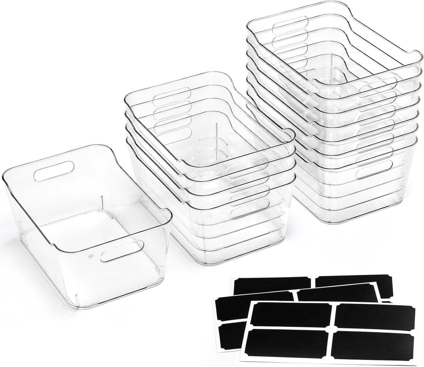 12 PACK Multi-Use Clear Plastic Storage Bins for Organizing w/Labels - Home, Kitchen, Pantry
