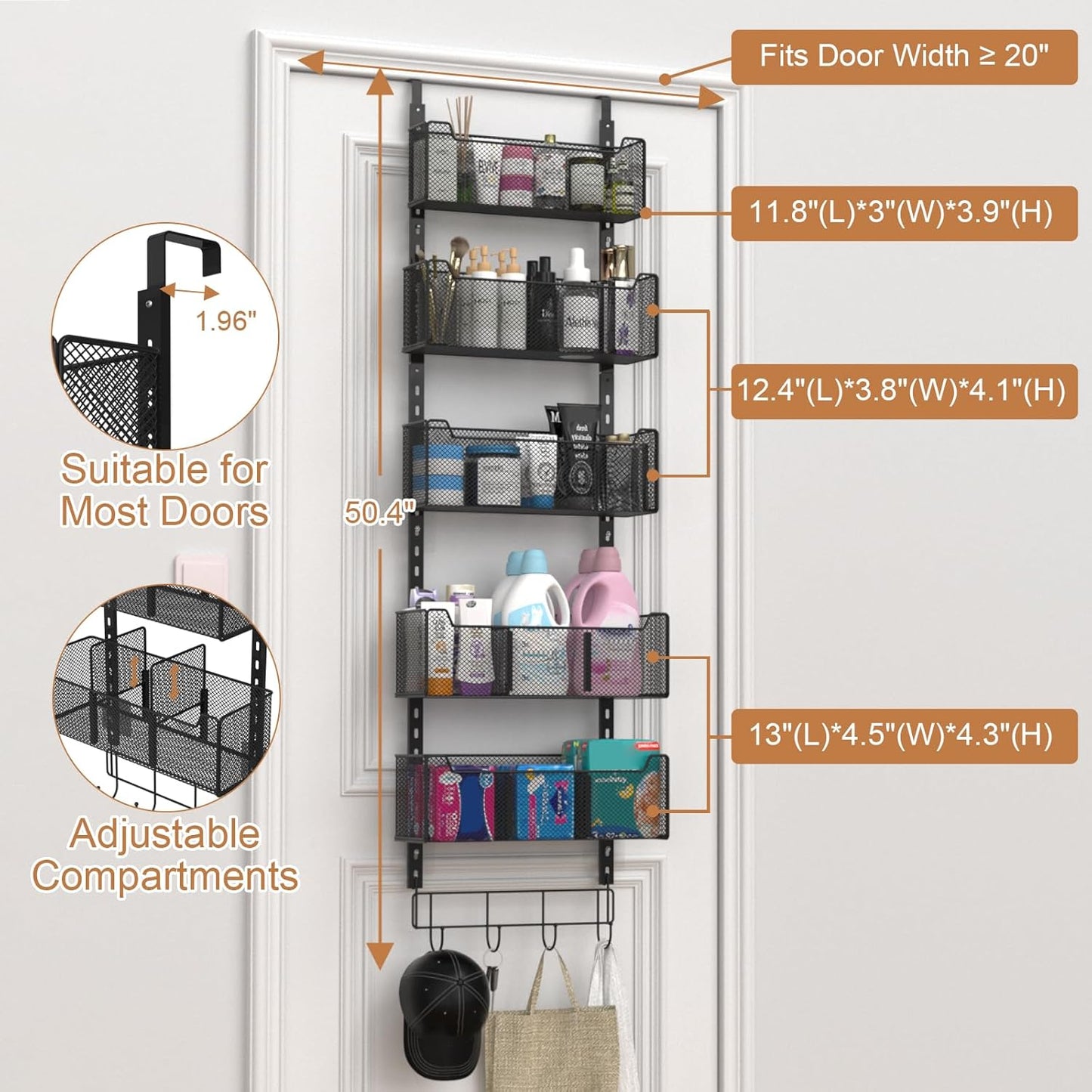 Over The Door Organizer, Metal Door Organizer Hanging with 5 Adjustable Baskets and Coat Hook
