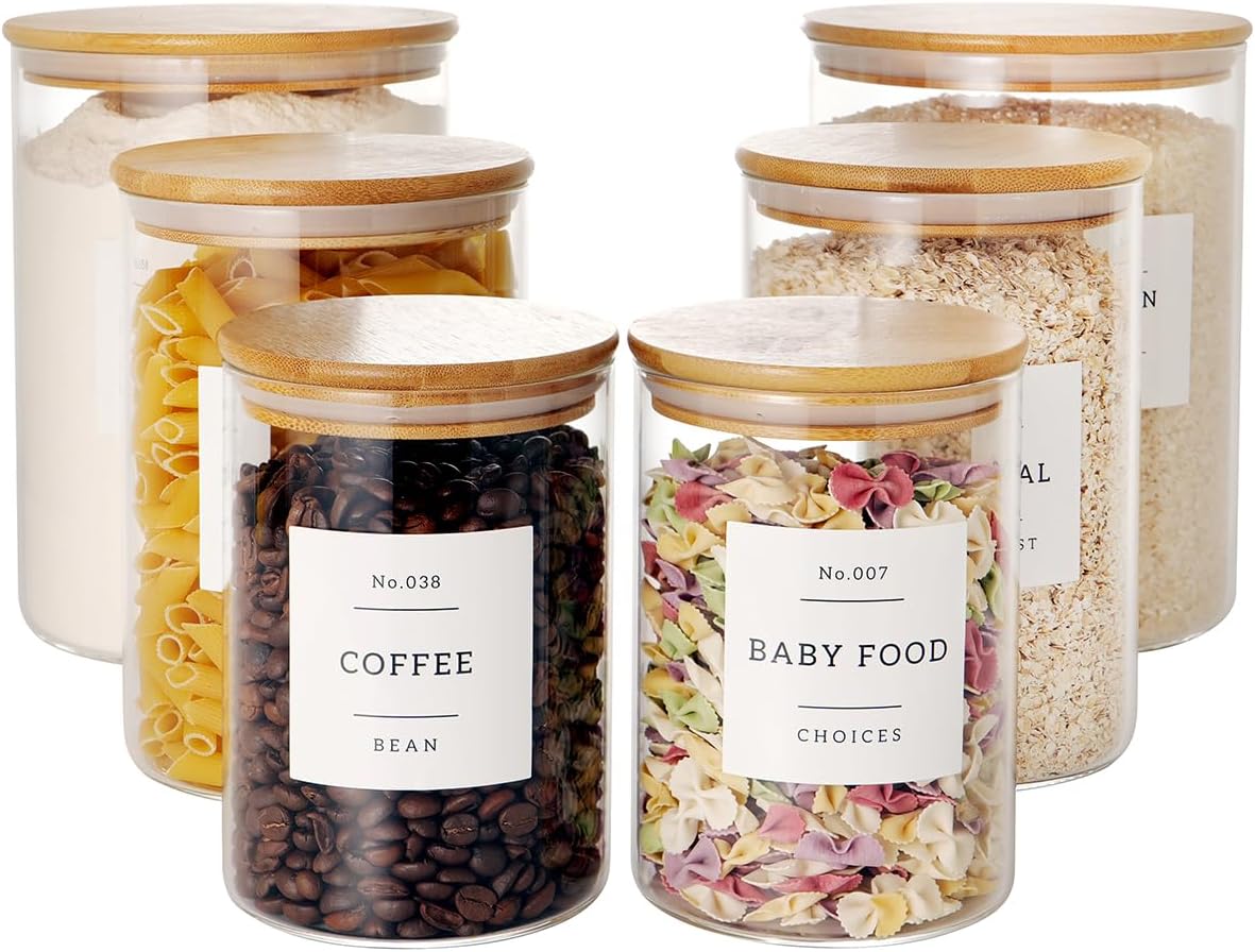 Set of 6 Glass Flour and Sugar jars with 132 Kitchen Pantry Labels