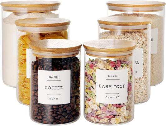 Set of 6 Glass Flour and Sugar jars with 132 Kitchen Pantry Labels