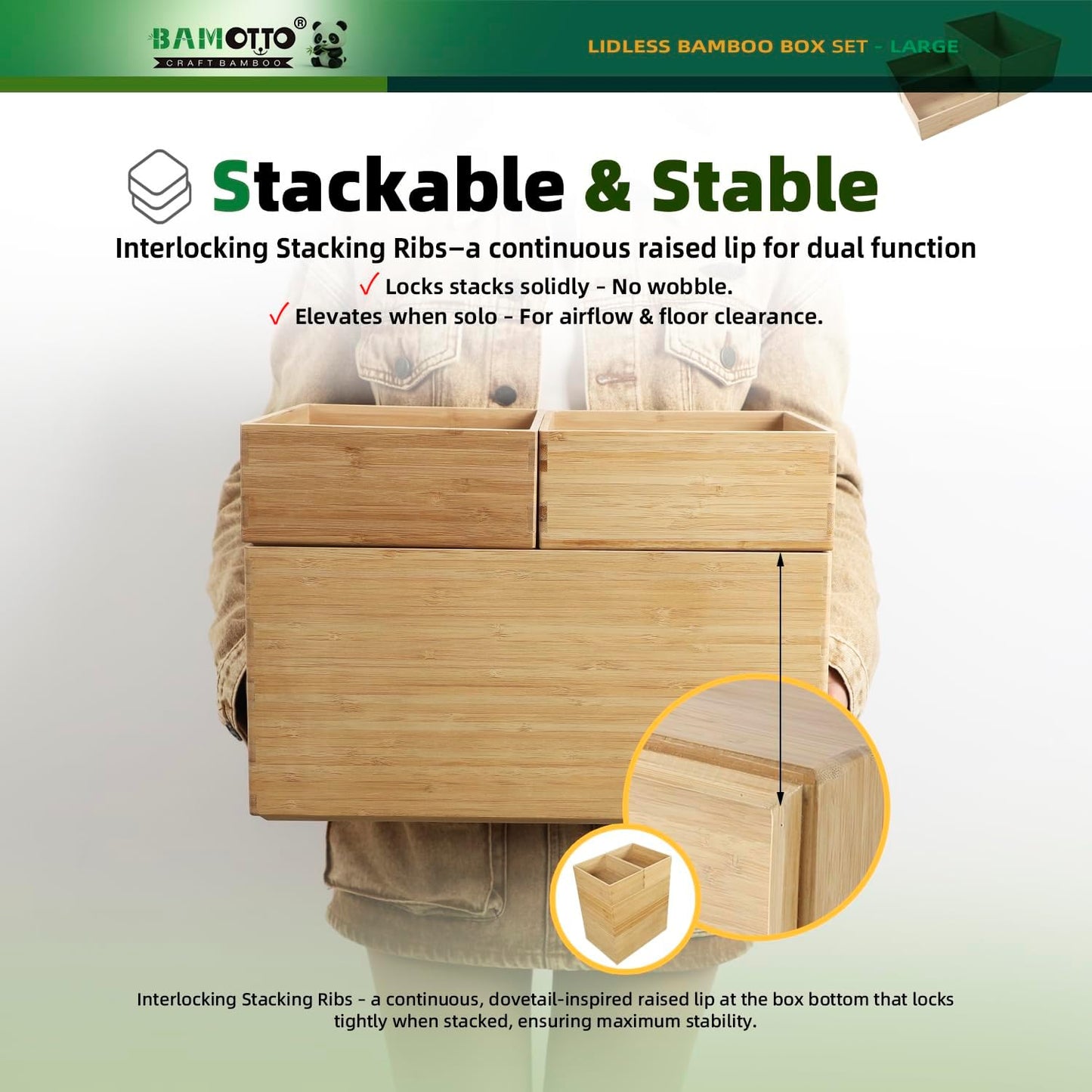 3-Piece Large Bamboo Storage Box Set - 7.1in High Stackable Deep-Drawer Organizer