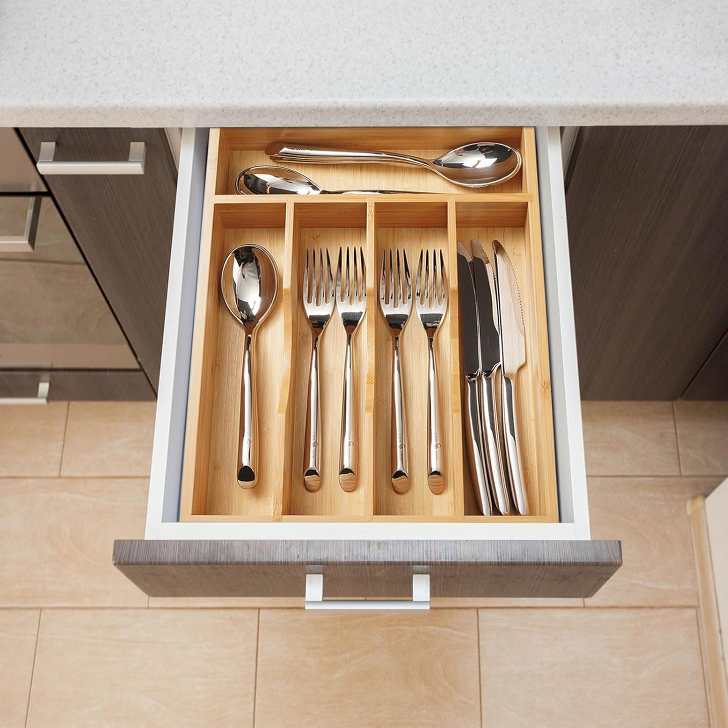 Bamboo Kitchen Drawer Organizer, 11 Inch Silverware Utensils Tray Holder with Grooved Dividers