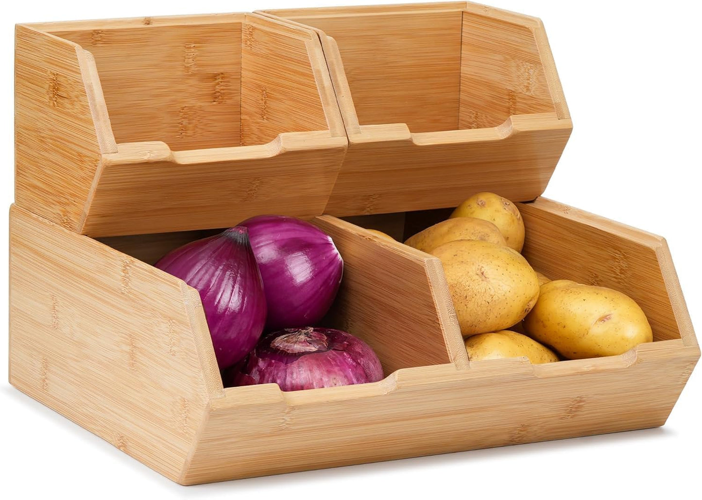 3 Pack Stackable Bamboo Potato Onion Storage Bins - Pantry Organizers for Kitchen Countertop
