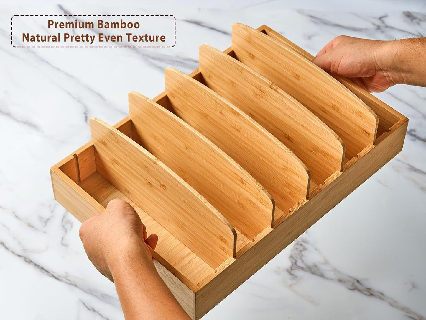 Extra Large Kitchen Cabinet & Drawer Organizer, Bamboo Lid Holder with 5 Tall Adjustable Dividers