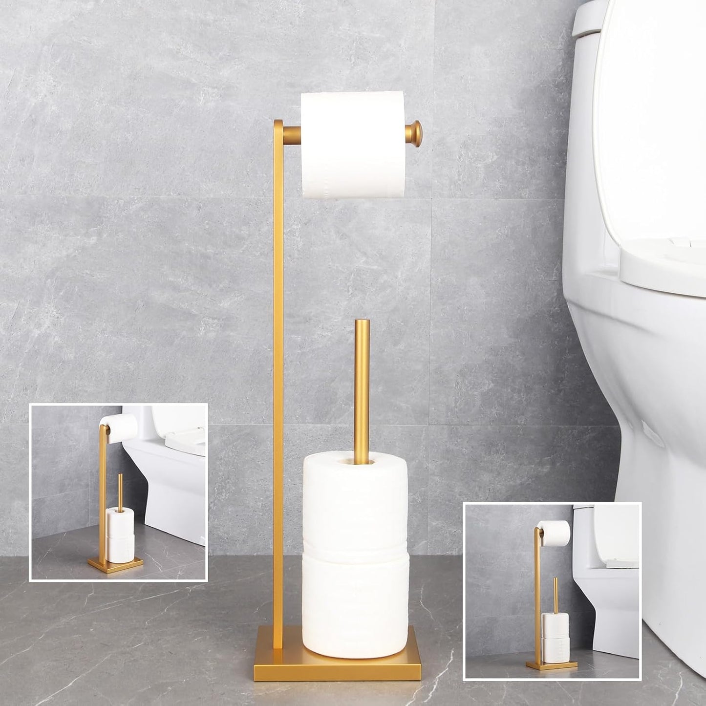 Gold Toilet Paper Holder Free Standing with Reserve SUS 304 Stainless Steel Stand Modern Paper Towel Holder DZY022-BE