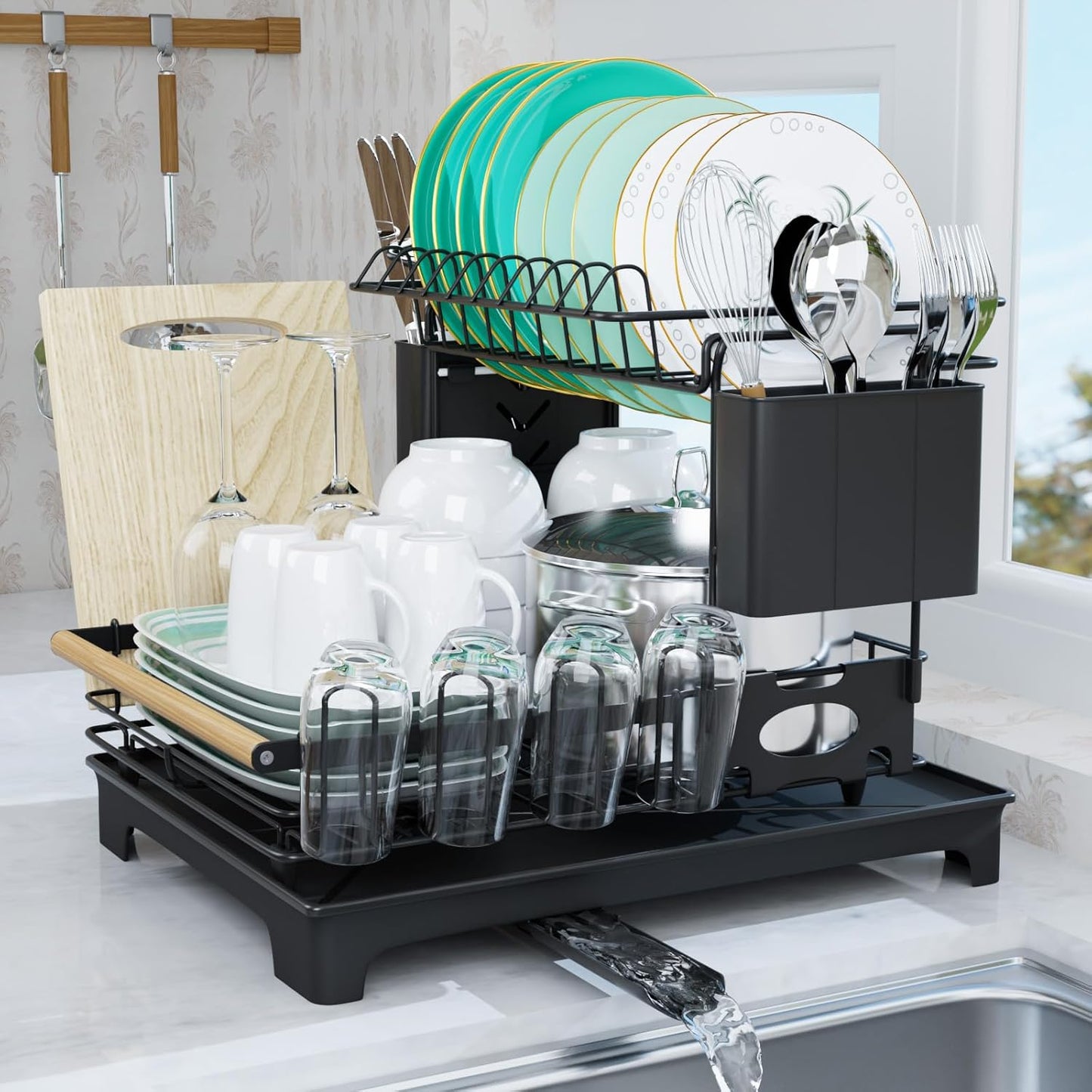 2-Tier Large Capacity Dish Drying Rack for Kitchen Counter: Anti-Rust Dish Strainer with Drainboard, Cup Holder, Utensil & Cutting Board Organizer, Heavy Duty Dish Rack