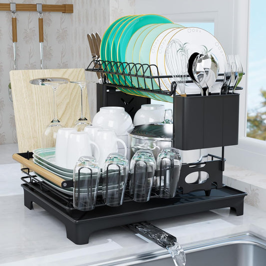 2-Tier Large Capacity Dish Drying Rack for Kitchen Counter: Anti-Rust Dish Strainer with Drainboard, Cup Holder, Utensil & Cutting Board Organizer, Heavy Duty Dish Rack