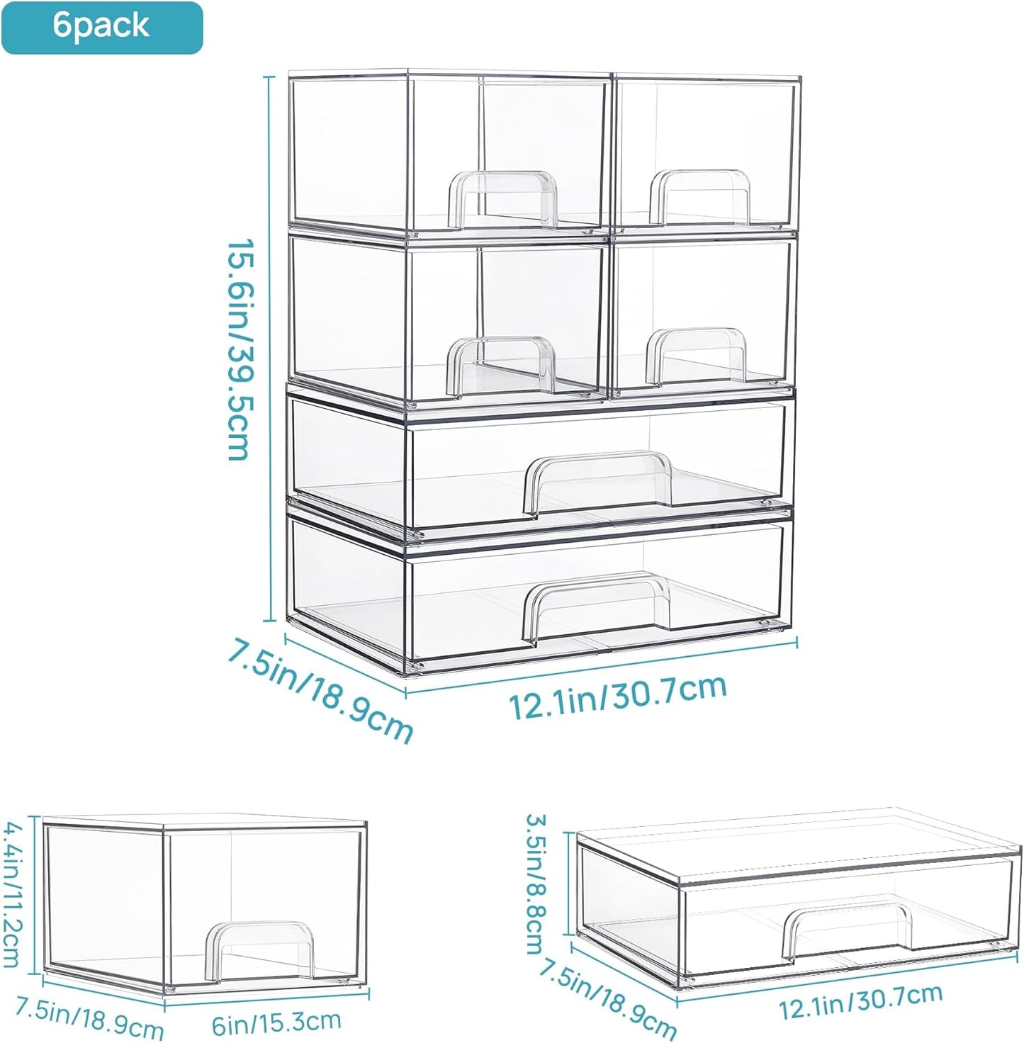 Stackable Storage Drawers Set of 6, Clear Plastic Organizer Bins for Bathroom Supplies