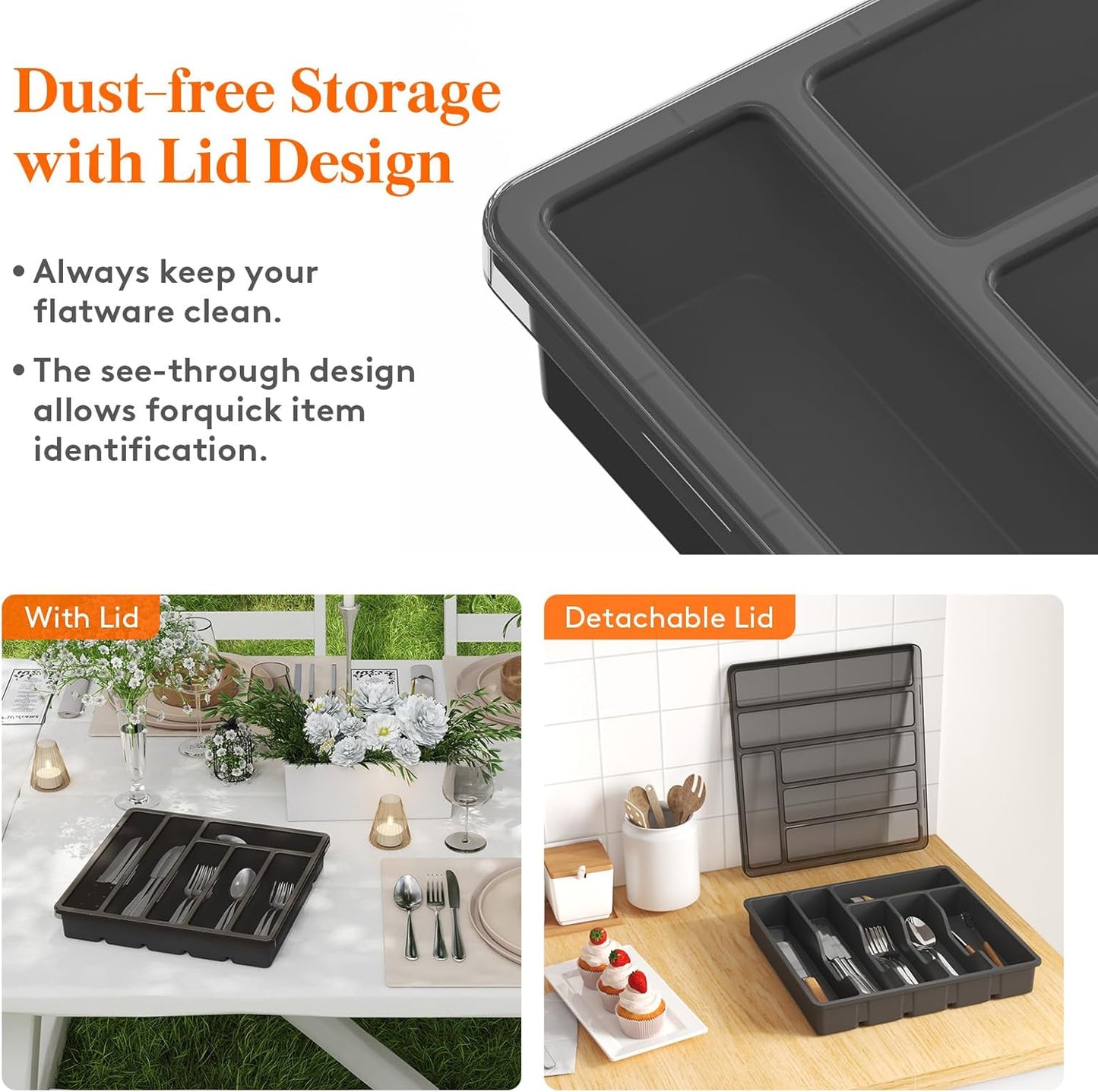 Silverware Organizer with Lid, Covered Utensil Tray for Kitchen Drawer and Countertop