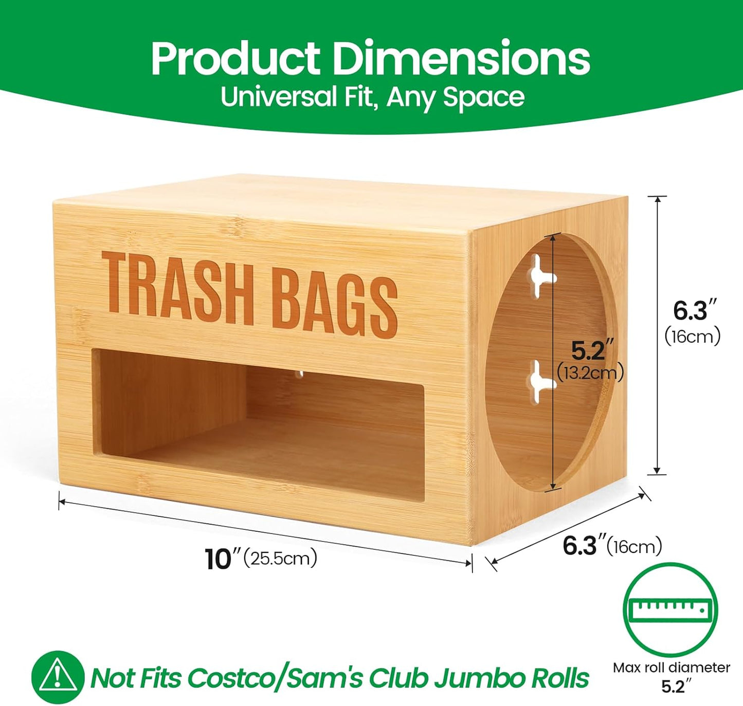 Bamboo Garbage Bag Dispenser Roll Holder - Wall Mount Trash Bag Organizer for 13-33 Gallons