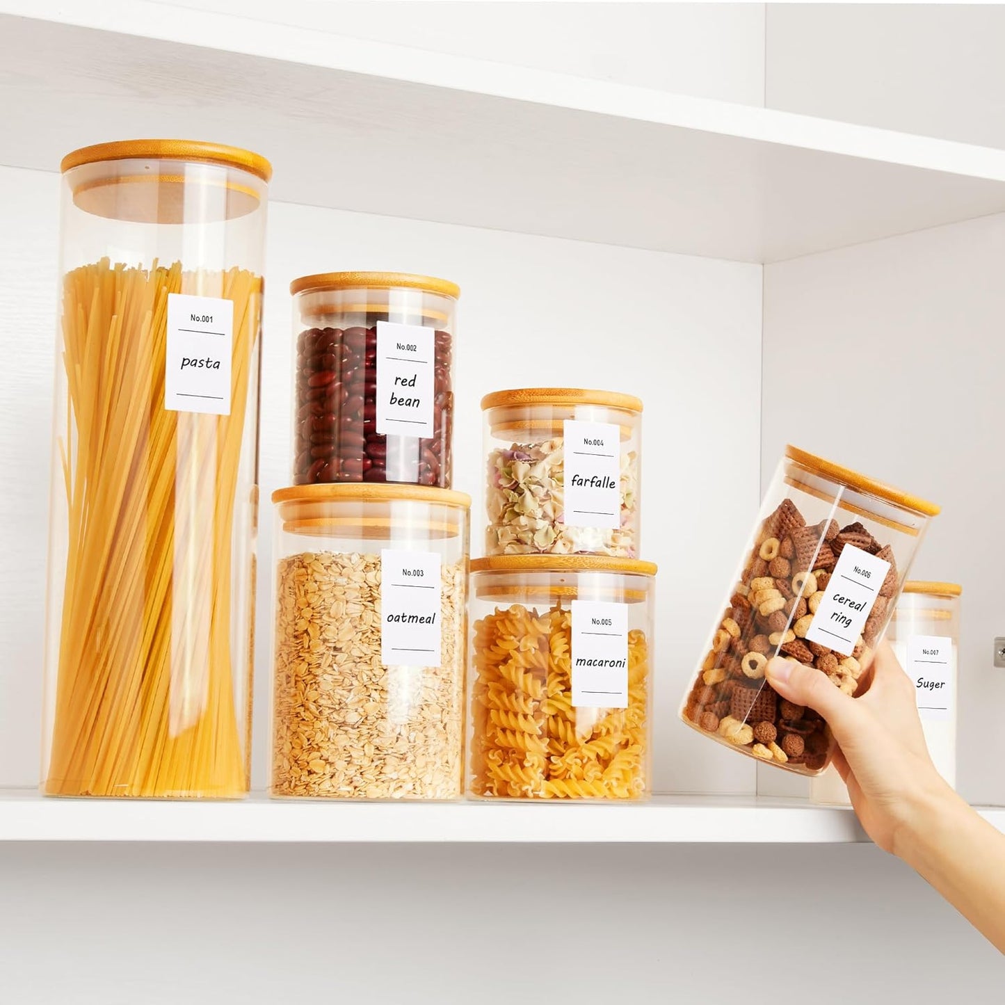 Glass Food Storage Jars, 7 Pack Kitchen Containers with Airtight Bamboo Wooden Lids for Pasta