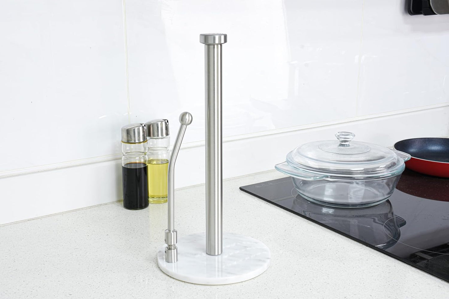 Paper Towel Holder with Marble Base – Weighted Countertop Stand, One-Hand Tear
