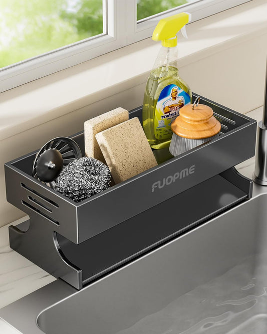 Sponge Holder for Kitchen Sink - Rustproof Carbon Steel Sink Caddy Organizer with Auto-Drain