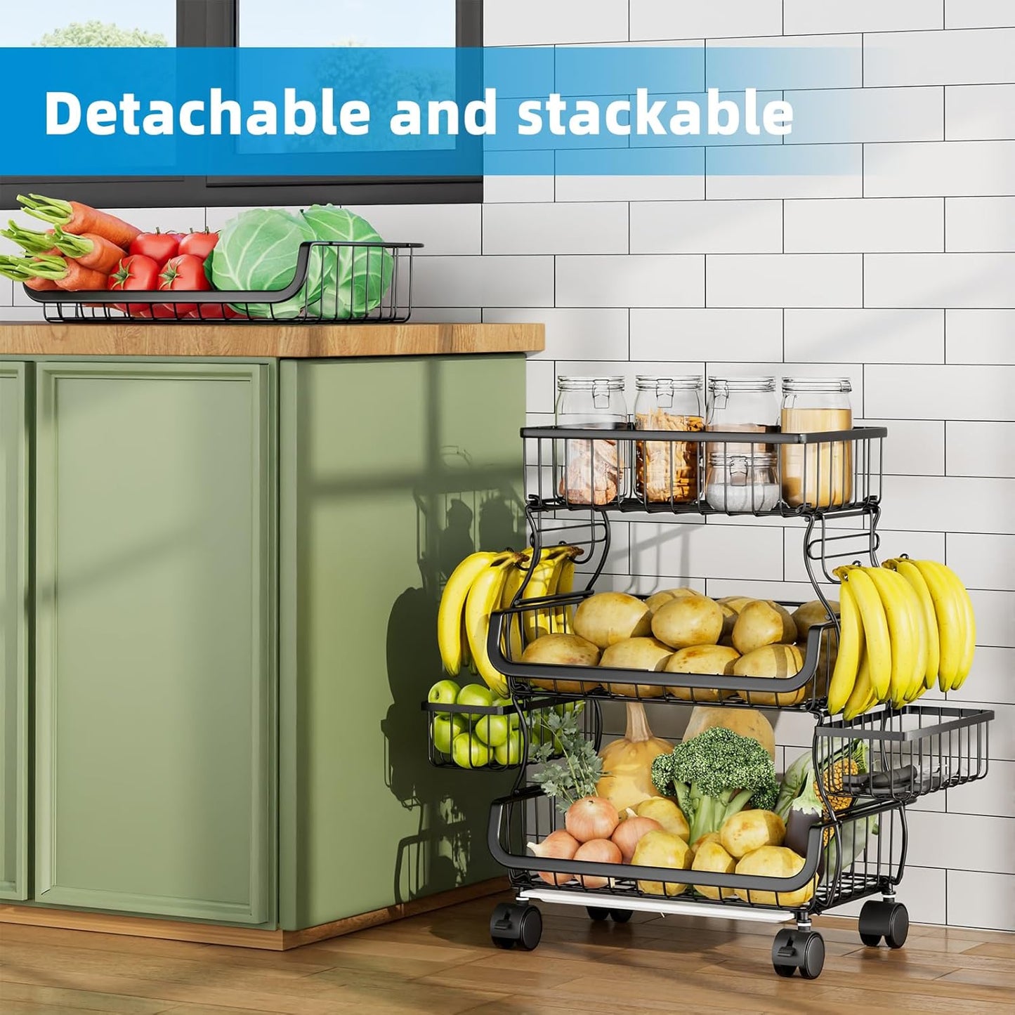 4 Tier Rolling Cart, Stackable Fruit Vegetable Basket with Wheels and 2 Hanging Basket