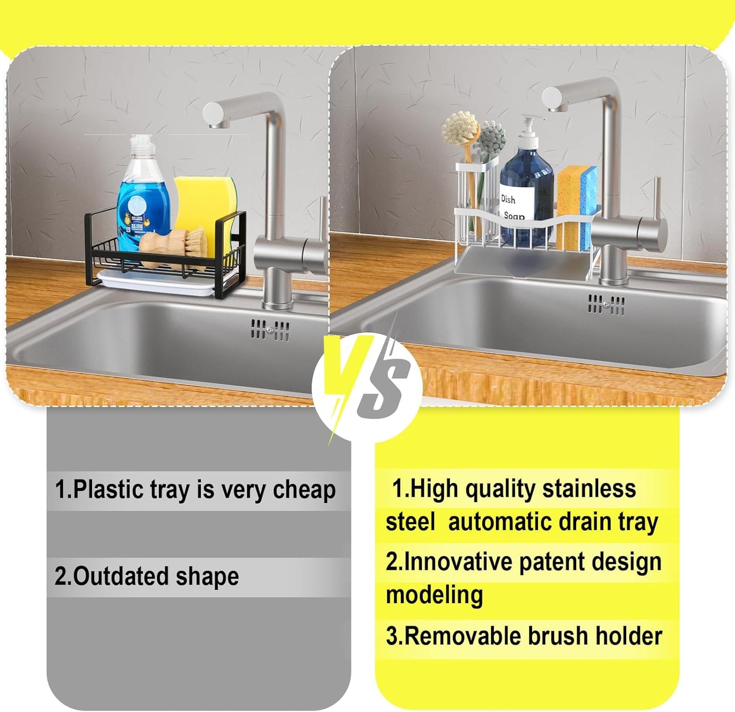 Maifan Sink Caddy Sponge Holder for Kitchen with Brush Holder and Stainless Steel Self Drain Tray