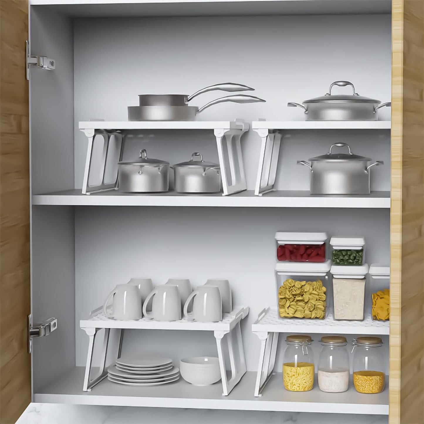 Plastic Kitchen Cabinet Shelf Organizer, White Plastic Stackable Freezer Rack, Shelf Riser