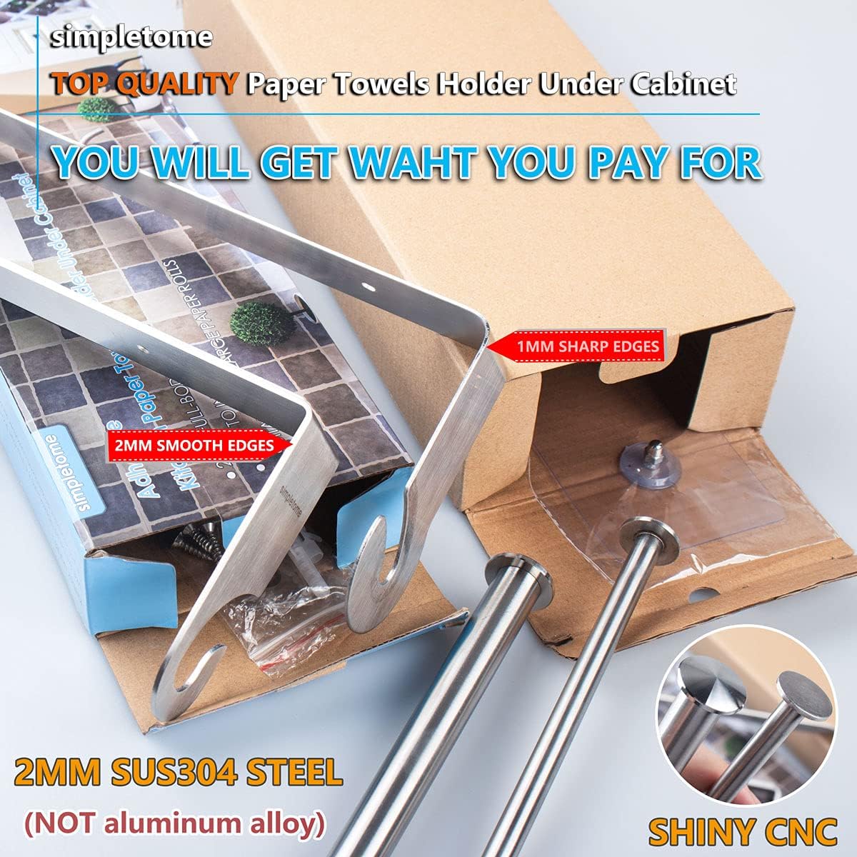 Kitchen Paper Towels Holder Under Cabinet Adhesive or Drilling Installation Brushed SUS304 Stainless Steel (Silver)