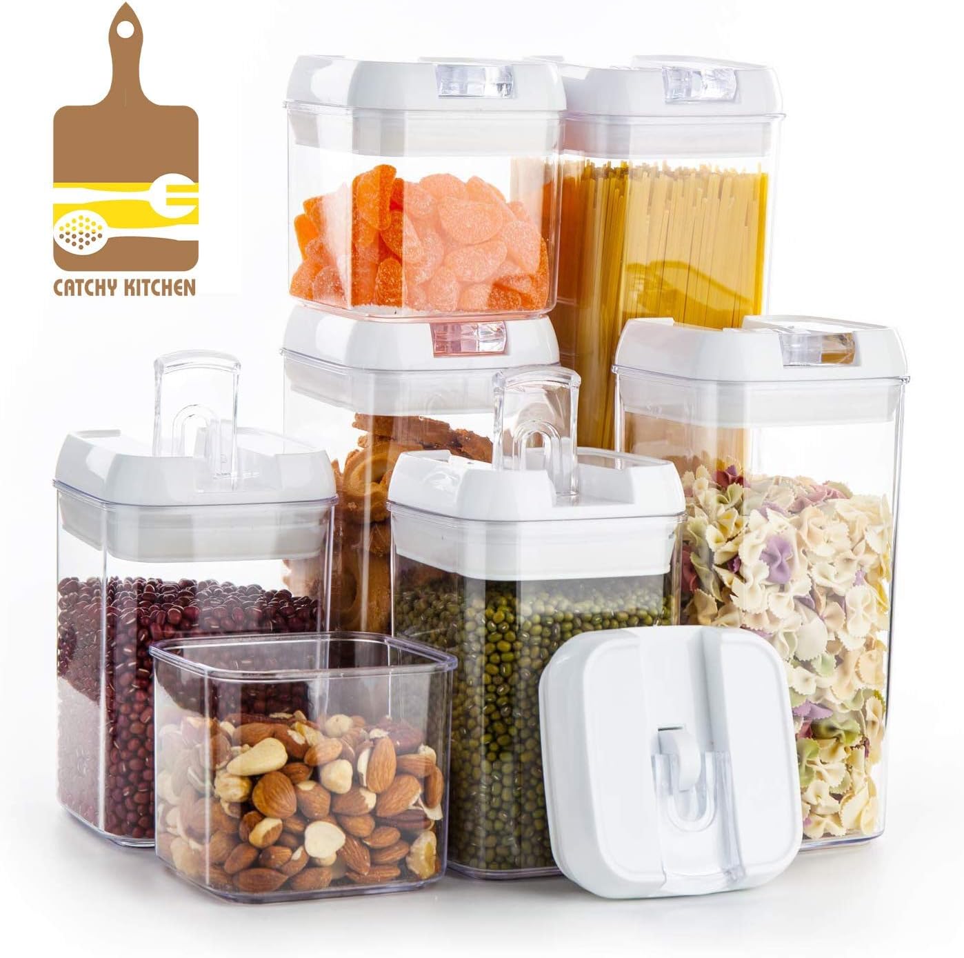 Airtight Food Storage Container Set, 7 Pieces Clear plastic cereal Canisters, easy lock Lids