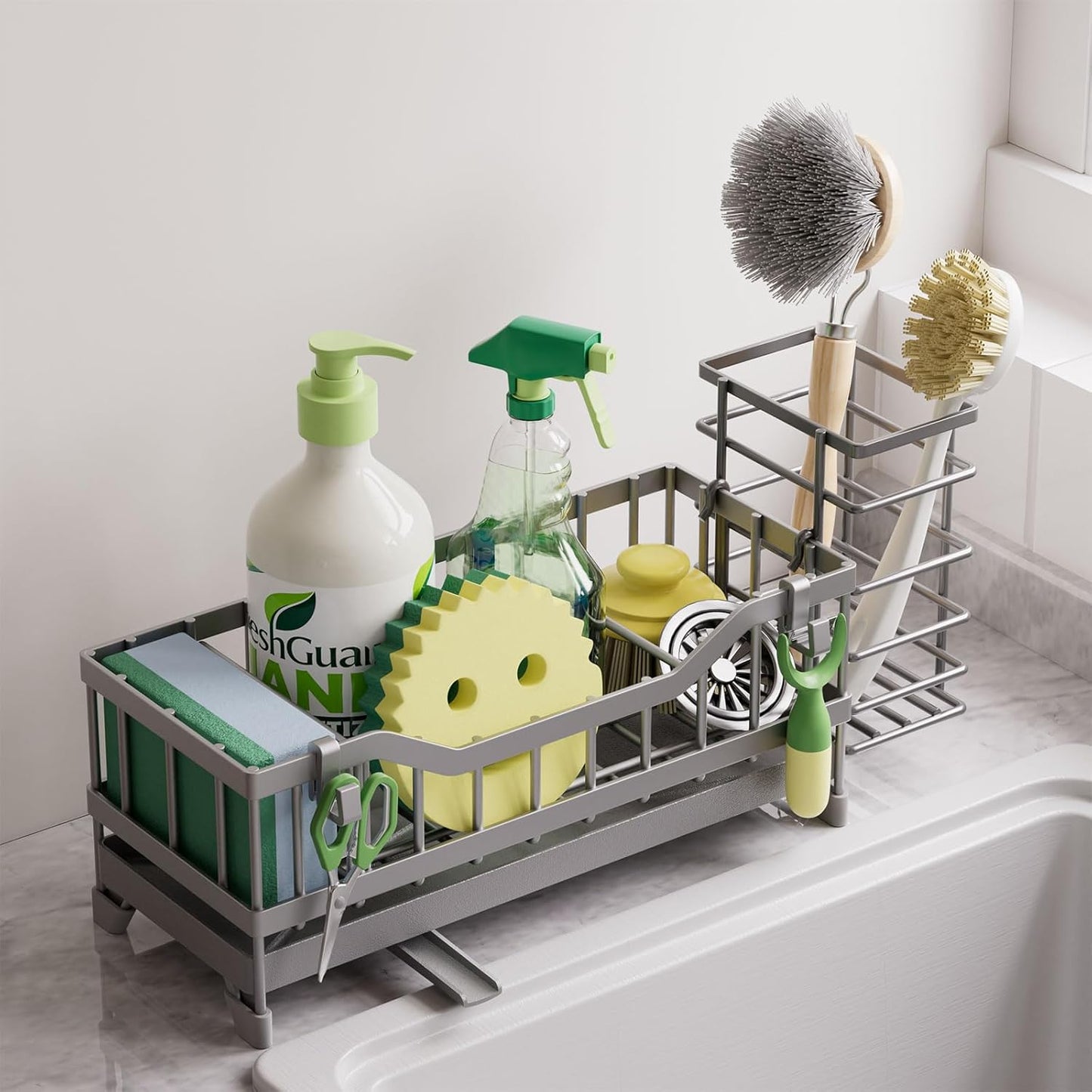 Sponge Holder for Kitchen Sink, Kitchen Sink Caddy with Long-Handled Dish Brushes Holder