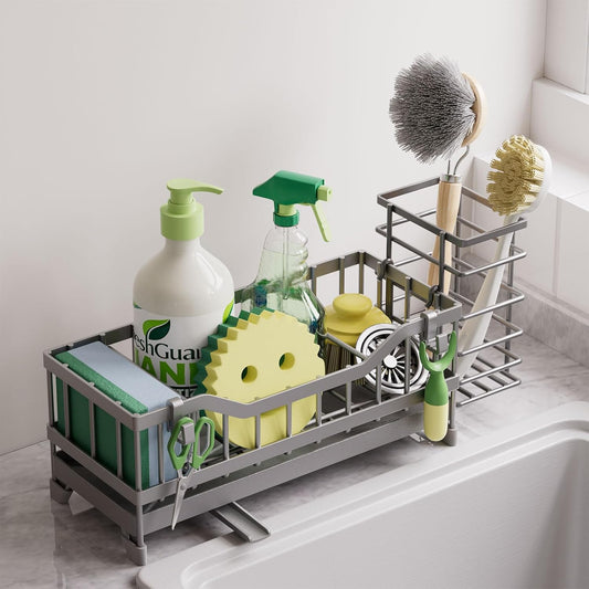 Sponge Holder for Kitchen Sink, Kitchen Sink Caddy with Long-Handled Dish Brushes Holder