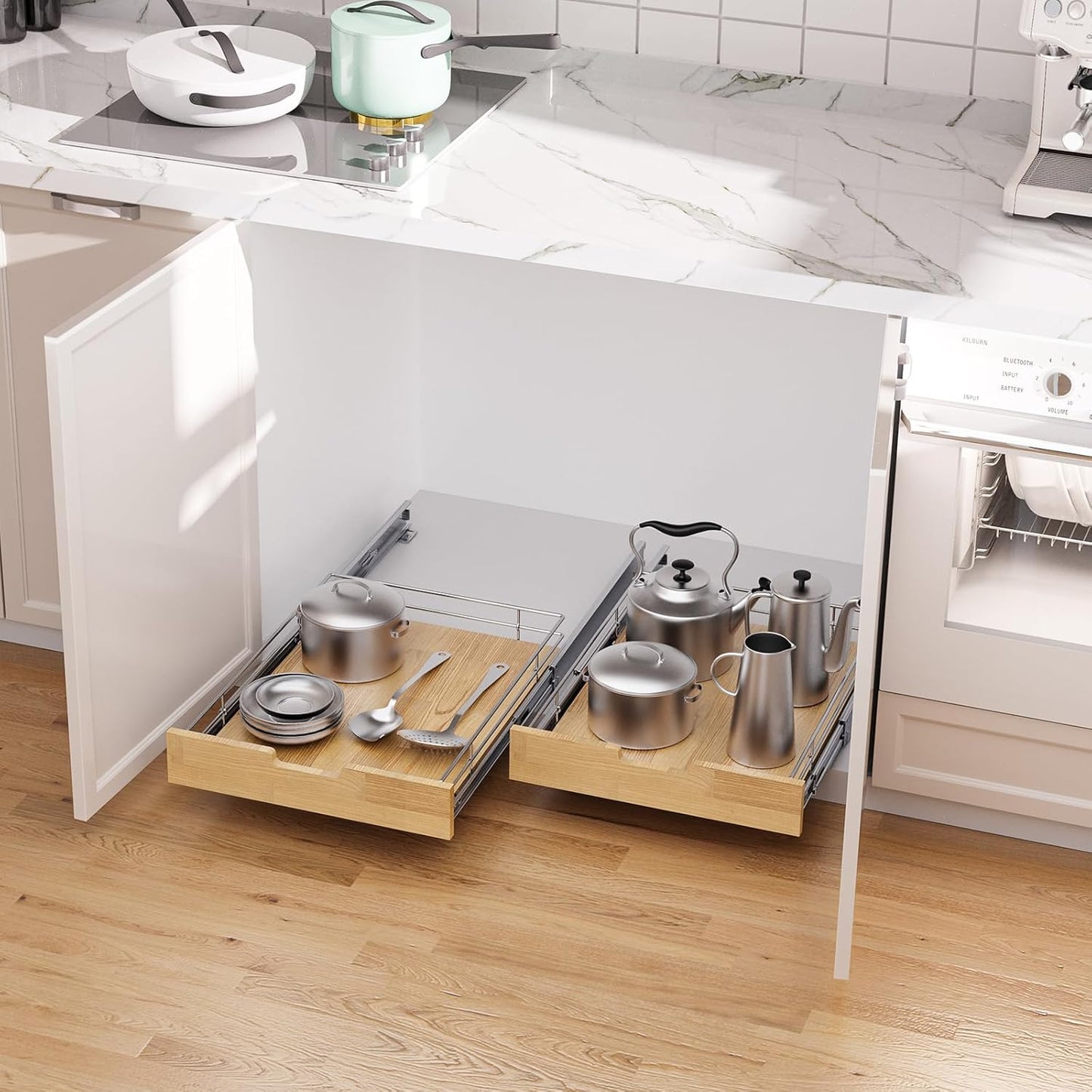 Pull Out Cabinet Organizer,Heavy-Duty Slide Out Shelf, Wood And Wire Basket