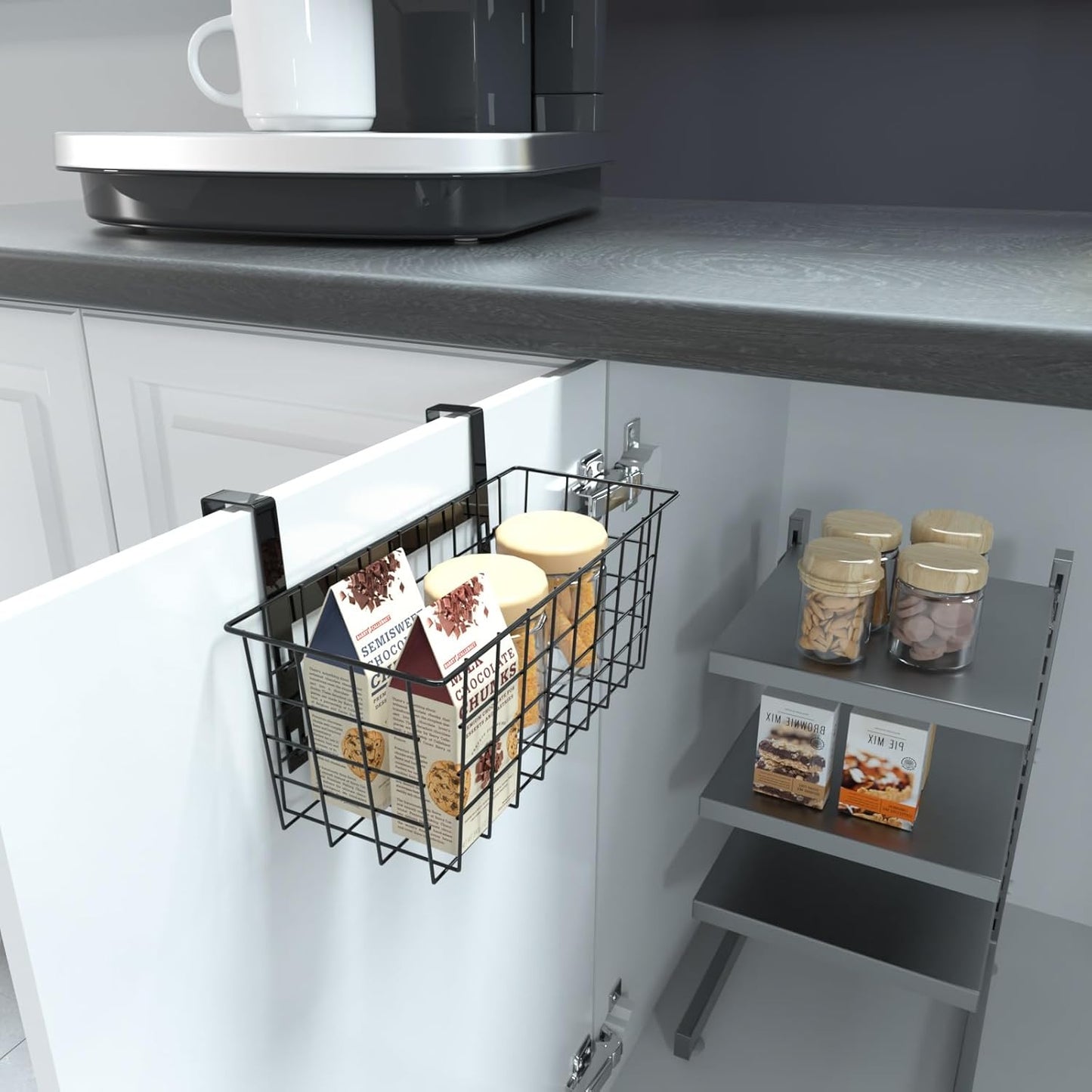 Basket with Hook, Grid Storage Basket, Over the Cabinet Door Organizer