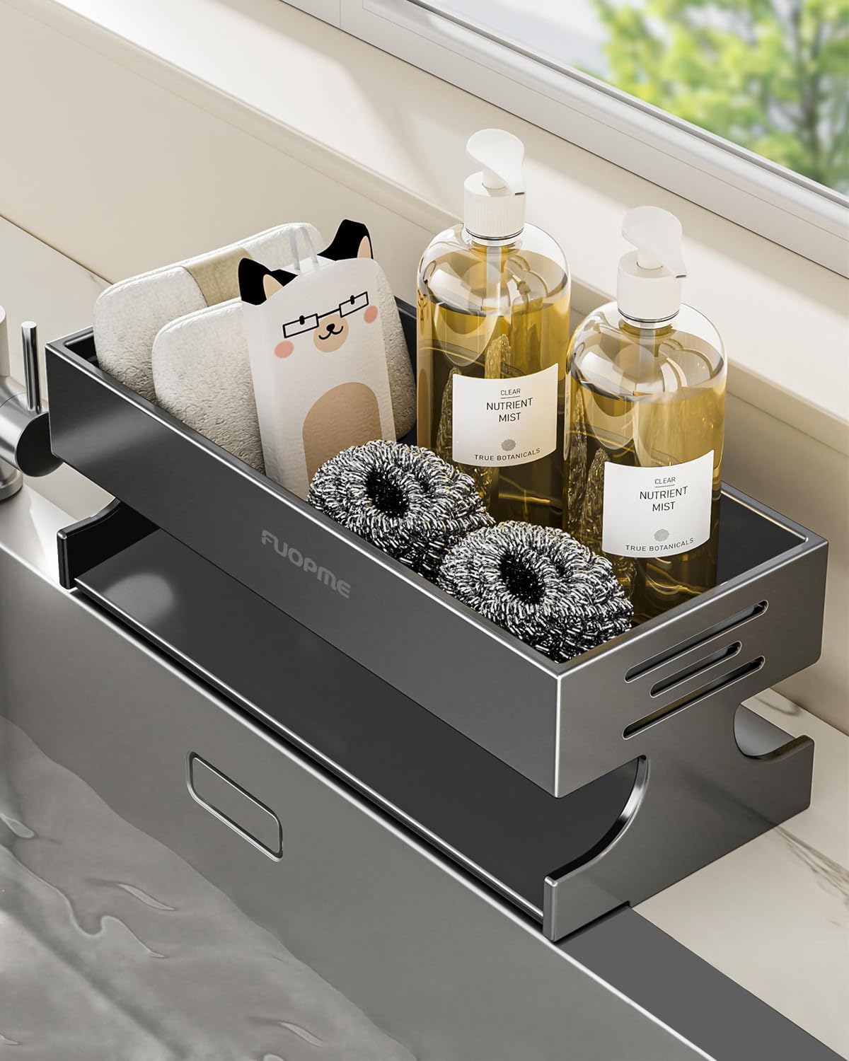 Sponge Holder for Kitchen Sink - Rustproof Carbon Steel Sink Caddy Organizer with Auto-Drain