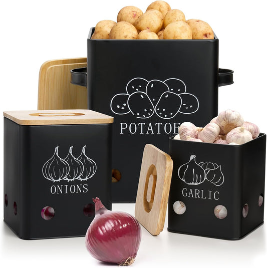 3 Pack Vegetable Storage Tins, Potato Onion Garlic Storage Canister