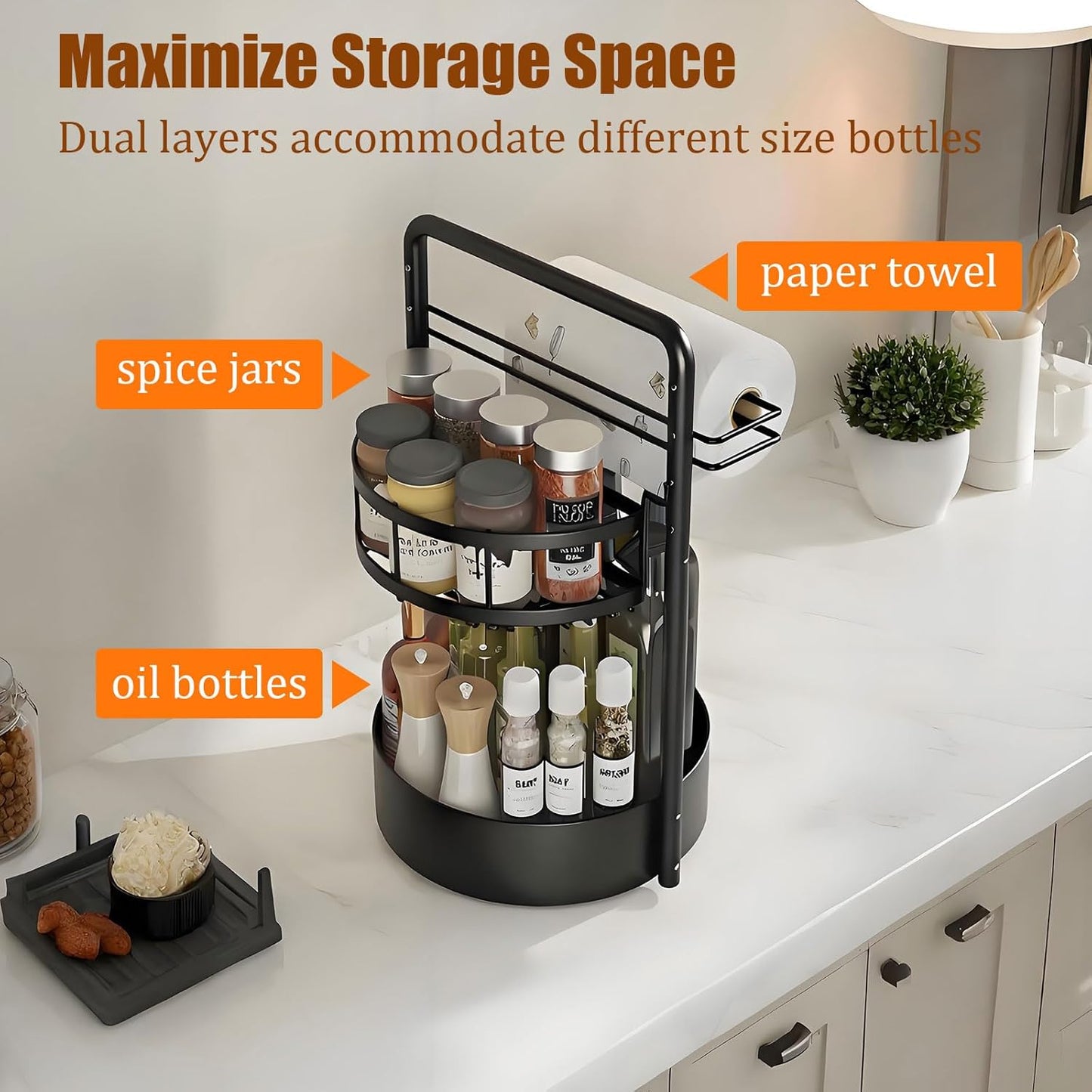 Rotating Spice Rack with Paper Towel Holder, 2 Tier Lazy Susan for Spices