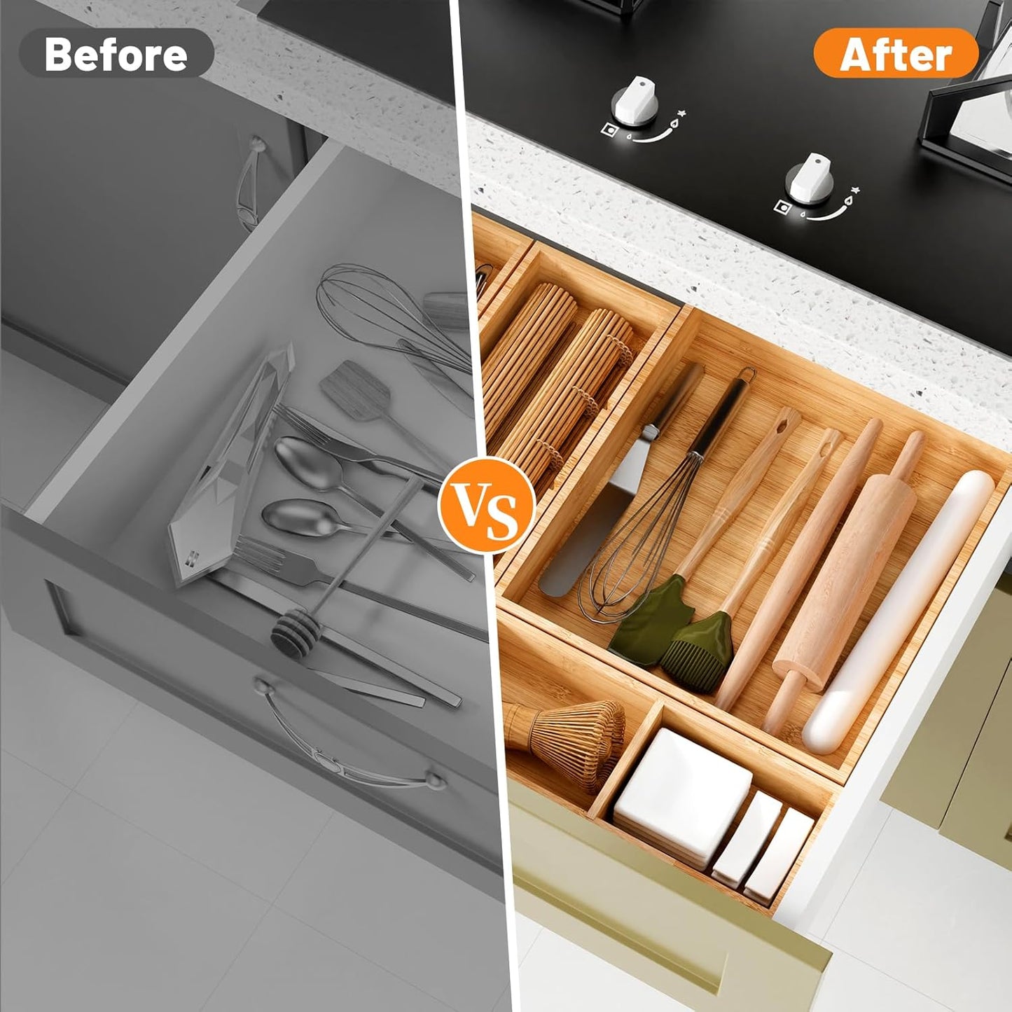 Bamboo Drawer Organizer, 5-Piece Drawer Divider with Removable Dividers for Organization and Storage, Multi-Use Stackable Storage Box & Utensil Holder for Kitchen, Office, Makeup & More