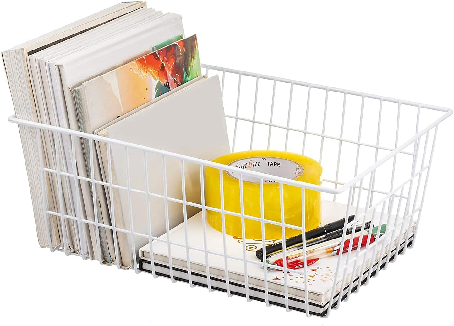 Wire Storage Baskets, Large Farmhouse Metal Freezer Basket Storage Organizer Bins with Handles for Kitchen Cabinets, Pantry, Closets, Bedrooms, Bathrooms, Set of 6, White