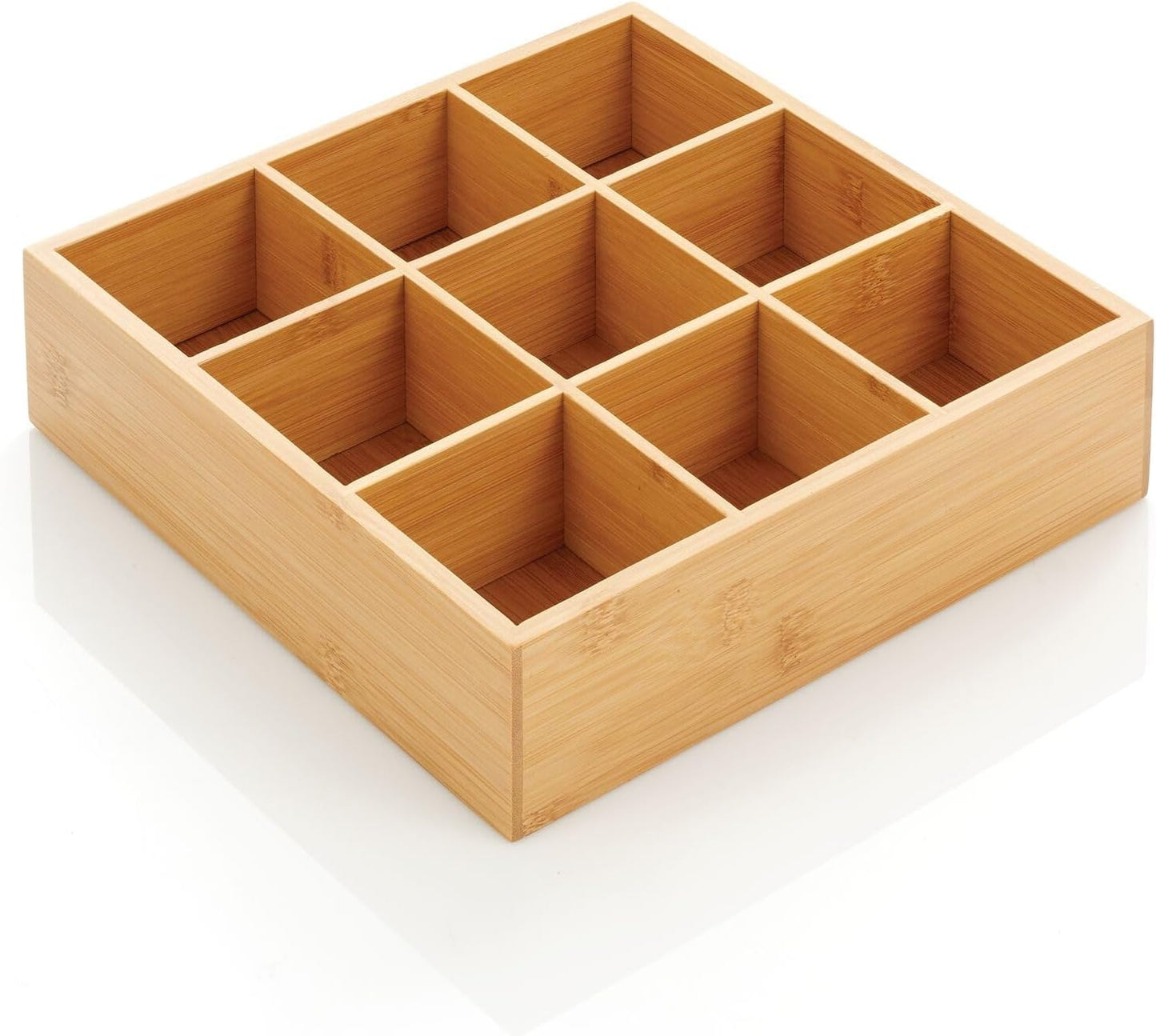 Bamboo Kitchen Pantry Storage Organizer Box - 9 Divided Sections, Open Top