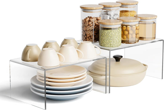 Clear Acrylic Kitchen Cabinet Risers Set of 2 - Anti-Slip Stackable Shelf Organizers