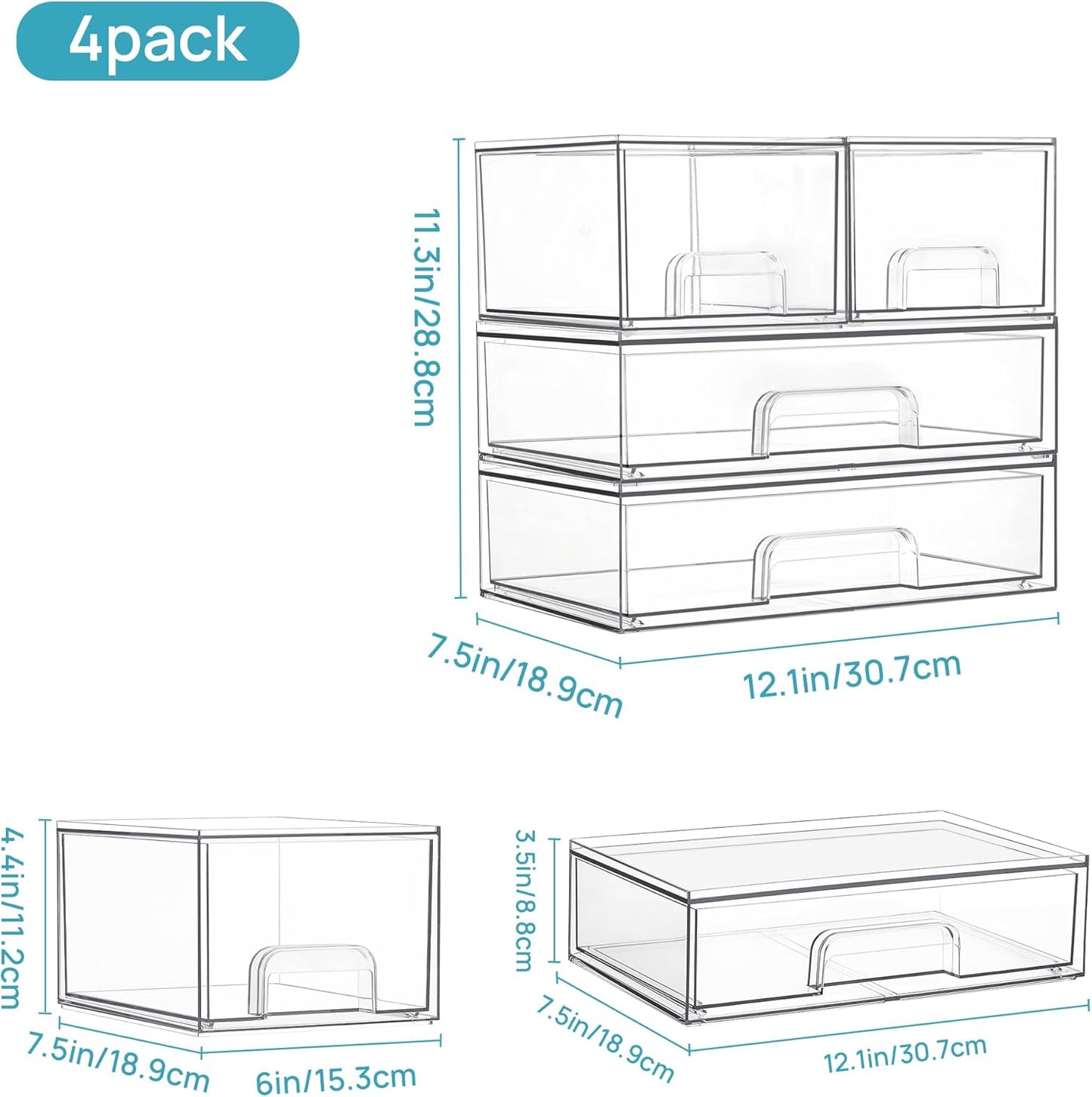 Stackable Storage Drawers Set of 4, Clear Plastic Organizer Bins for Bathroom Supplies,Ideal for Cabinet,Pantry,Laundry Room Organization