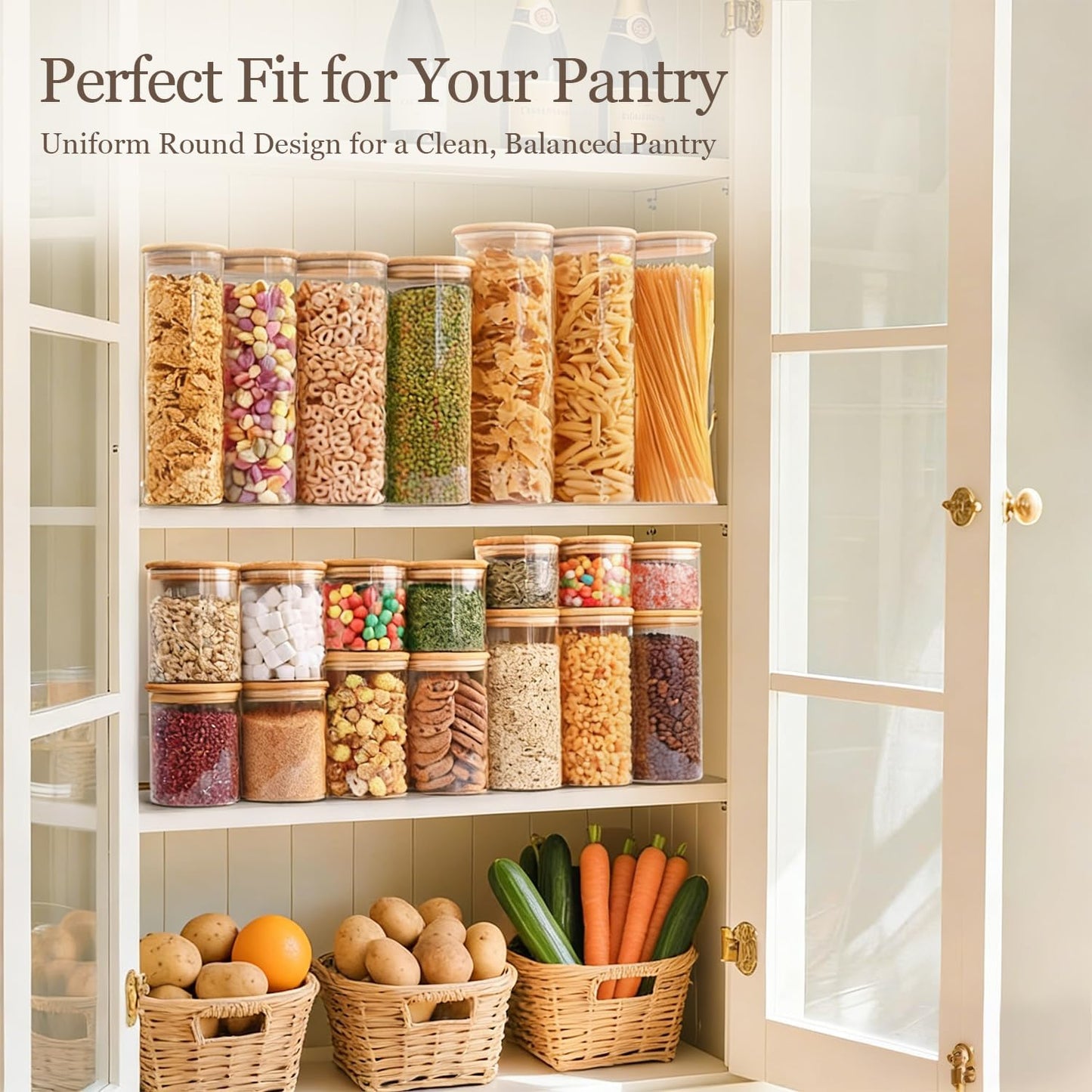 Glass Storage Containers with Lids (0.6qt/1qt/1.5qt) Set of 6,Glass Pantry Storage Containers with Airtight Lid & lables for Dry Food, Snacks, Nuts, Stackable for Kitchen, Pantry Organization