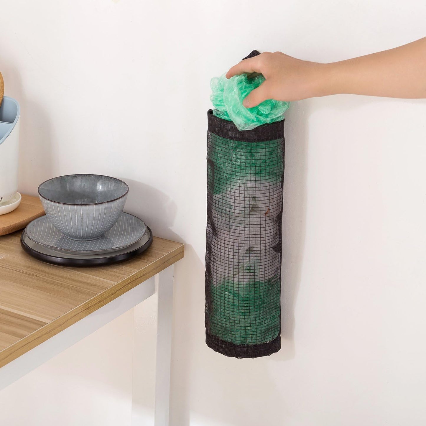 Bag Holder for Plastic Bags, 2 Pcs Polyester Grocery Bag Holder Plastic Dispenser Foldable Breathable Washable Hanging Mesh Garbage Bag Organizer for Kitchen Plastic Bag Storage (Black)