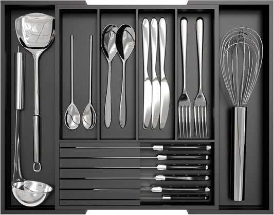 Bamboo Kitchen Silverware Drawer Organizer - Expandable Wood Utensil Holder with Dividers