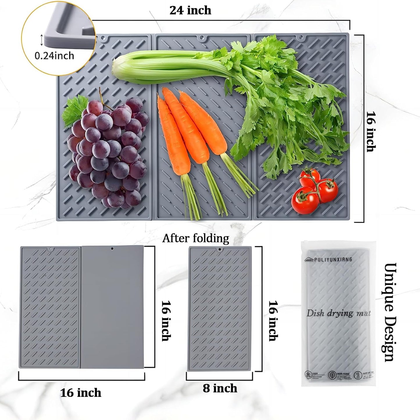 Silicone Dish Drying Mat for Kitchen Counter, Collapsible Trifold Large Dish Drainer Mat