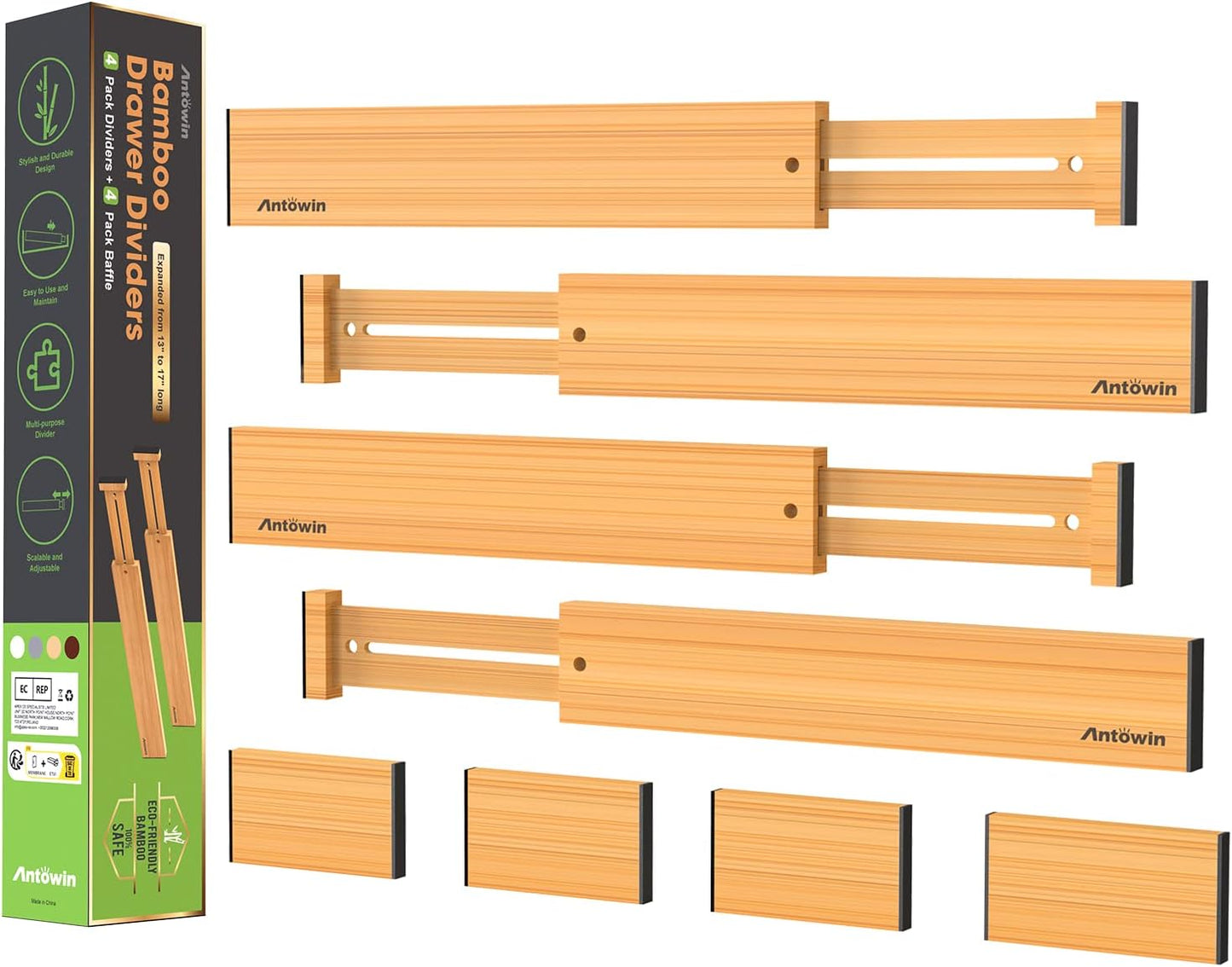 Bamboo Drawer Dividers Organizers, Drawer Separators Splitter,13-17 inches Long Adjustable Spring-loaded Organizer for Large Utensil, Clothes, Tools Drawers (4+3)