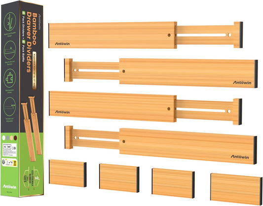 Bamboo Drawer Dividers Organizers, Drawer Separators Splitter,13-17 inches Long Adjustable Spring-loaded Organizer for Large Utensil, Clothes, Tools Drawers (4+3)