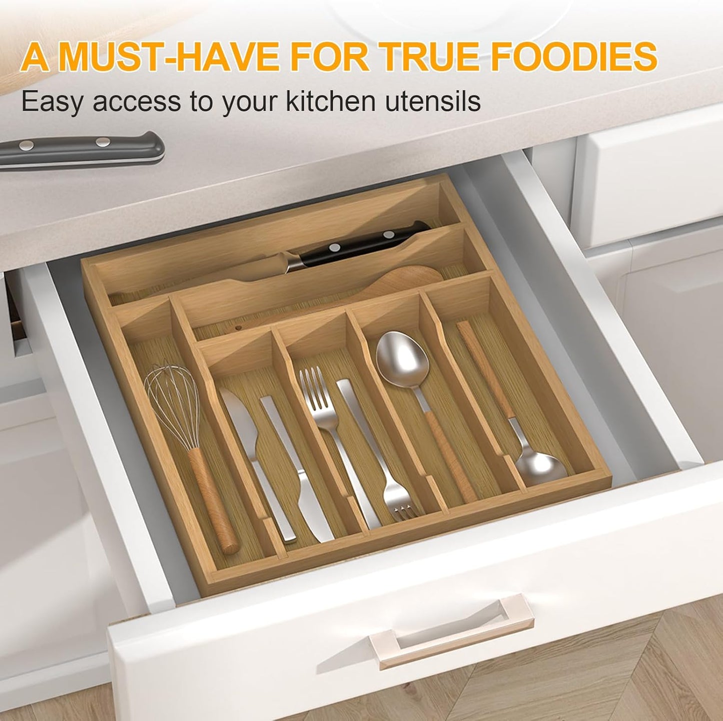 Bamboo Silverware Organizer Drawer Tray, 7-Compartment Utensil Drawer Organizer for Kitchen & Office, Flatware Holder for Forks, Spoons, Cutlery