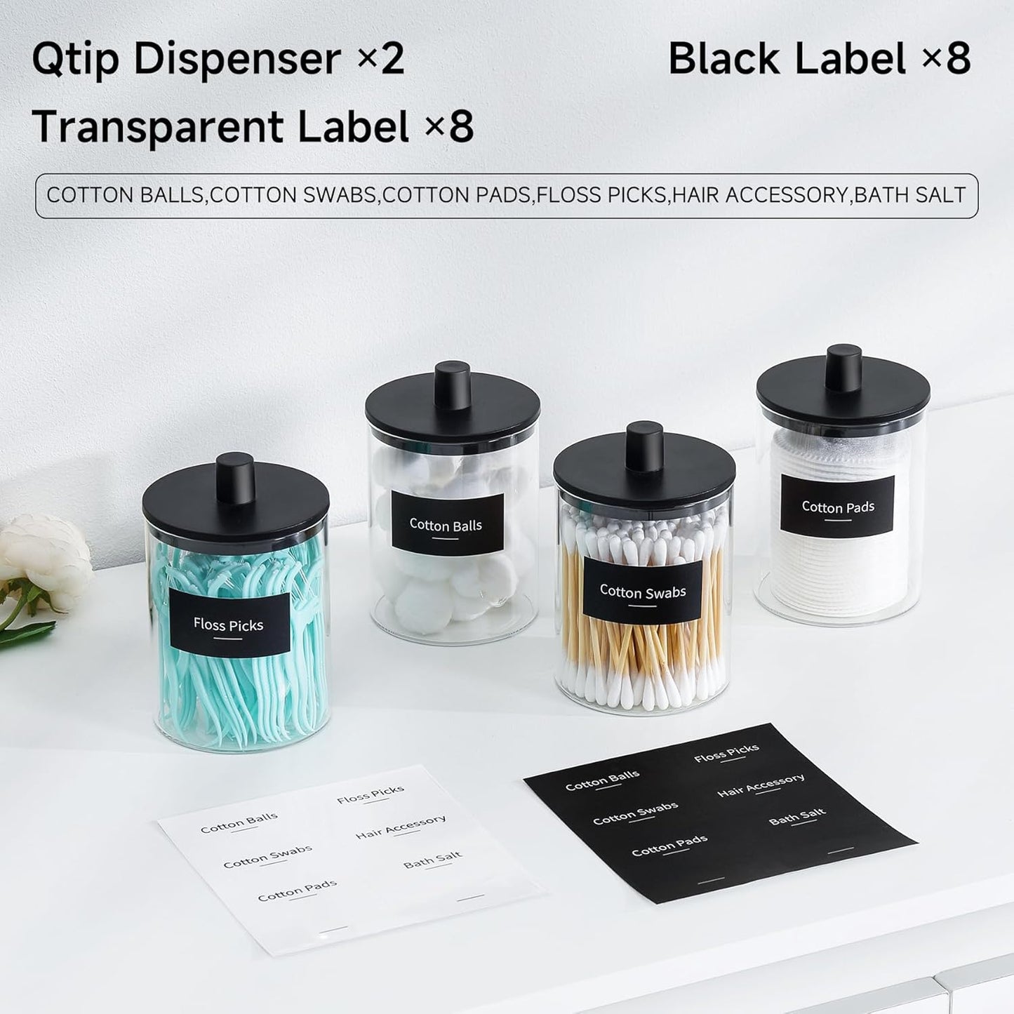 Glass Qtip Holder Dispenser - 10 oz Clear Canister Apothecary Jar