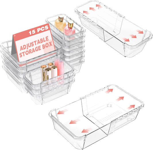 15 Pcs Extendable Clear Drawer Organizer, All Adjustable Vanity Storage Box