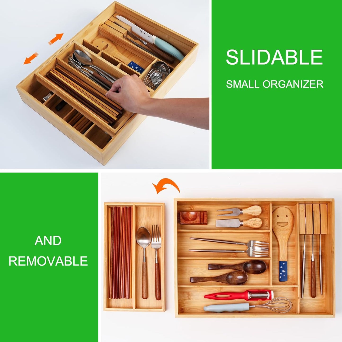 Double Layer Bamboo Kitchen Drawer Organizer Cutlery Utensil Silverware Drawer Organizer