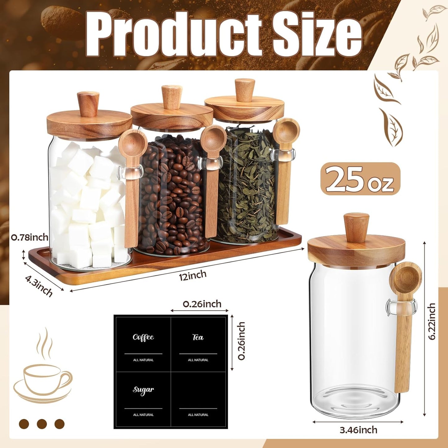 3 Pcs Glass Coffee Container with Wooden Lid Spoon Shelf Labels Clear Airtight Jar Food Storage Canister Set for Sugar Spice Coffee Bean Holder Housewarming Gift(25 oz,Acacia Brown)