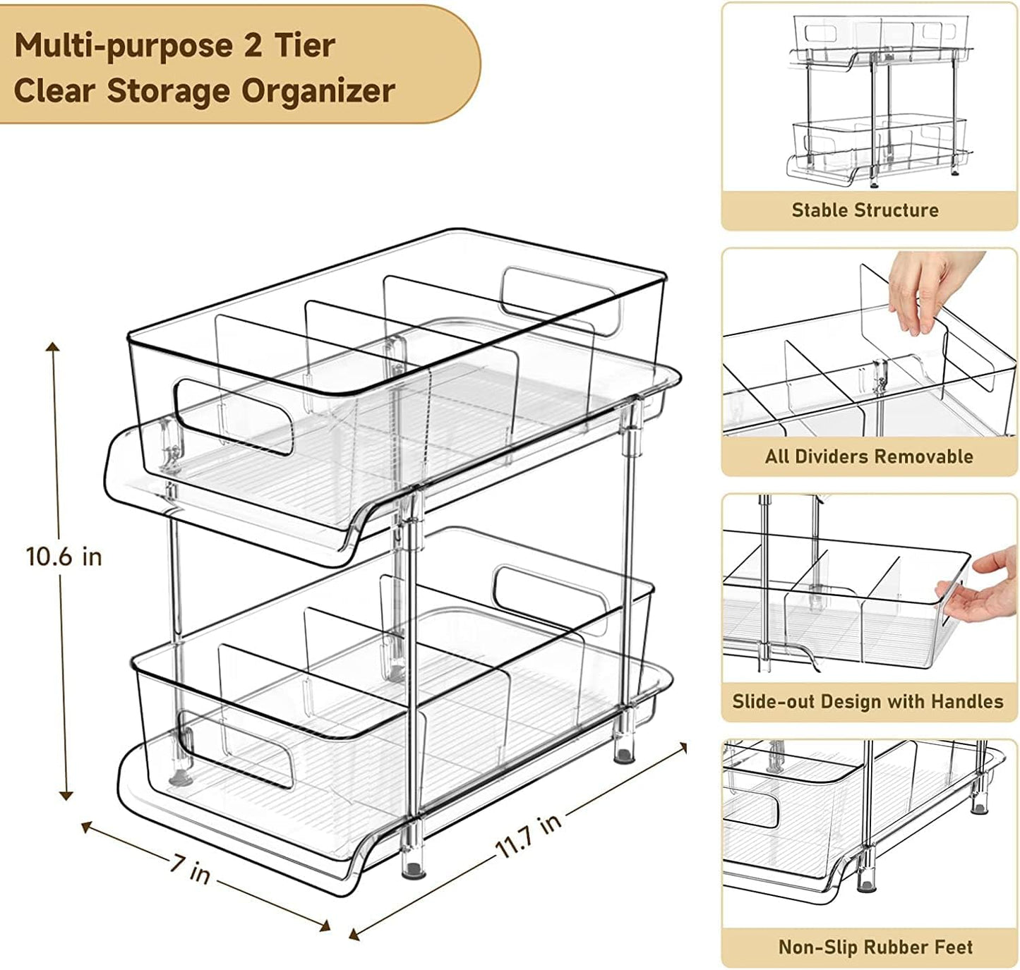 2 Tier Bathroom Storage With Dividers, Clear Under Sink Pull Out Organizer for Kitchen Pantry