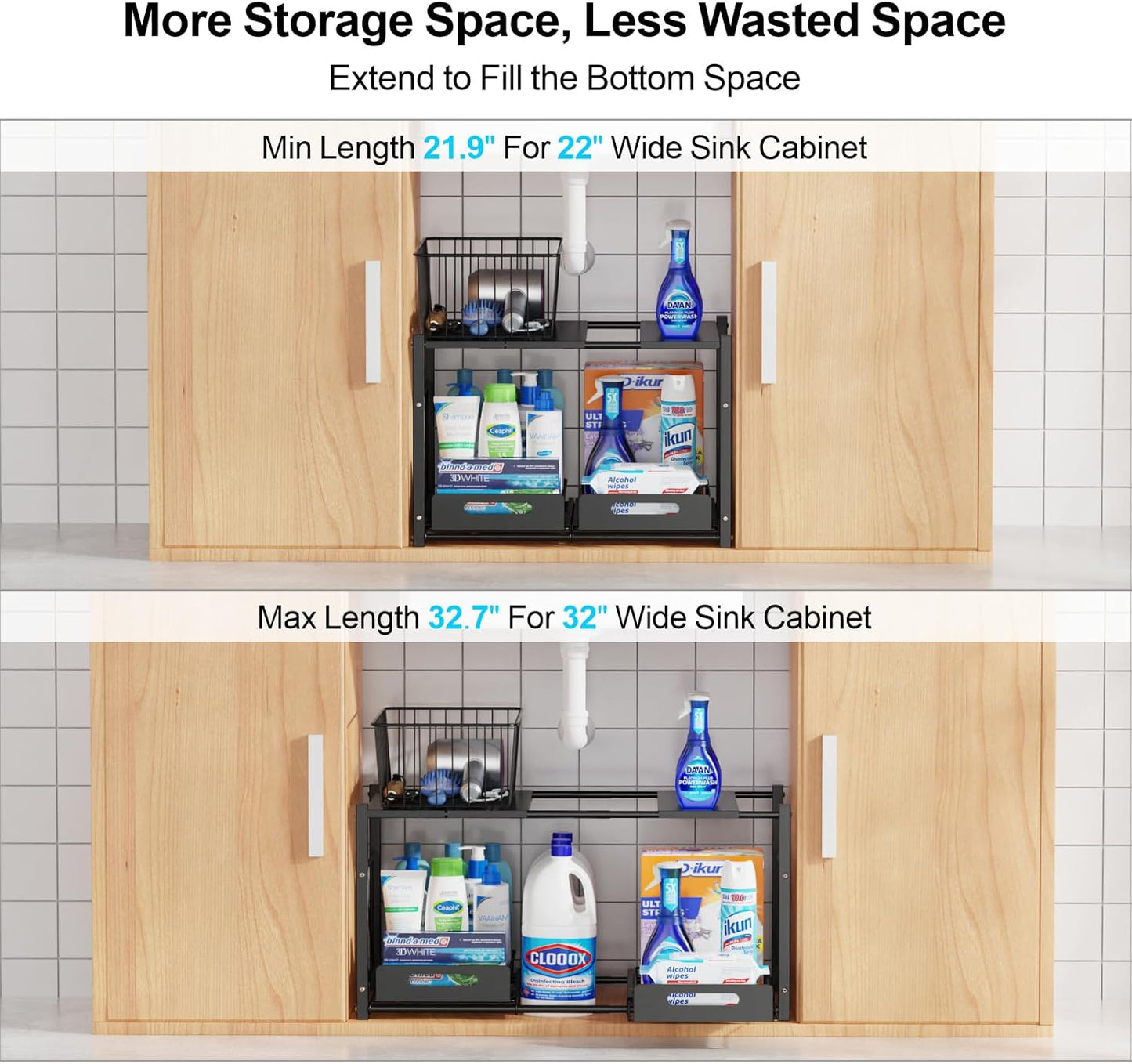 Extendable Under Sink Organizer - 2 Tier Expandable Under Cabinet Organizer Shelf with Height Adjustable Add Extra Space and Easy Access for 22" to 32" Wide Sink Cabinet, Black